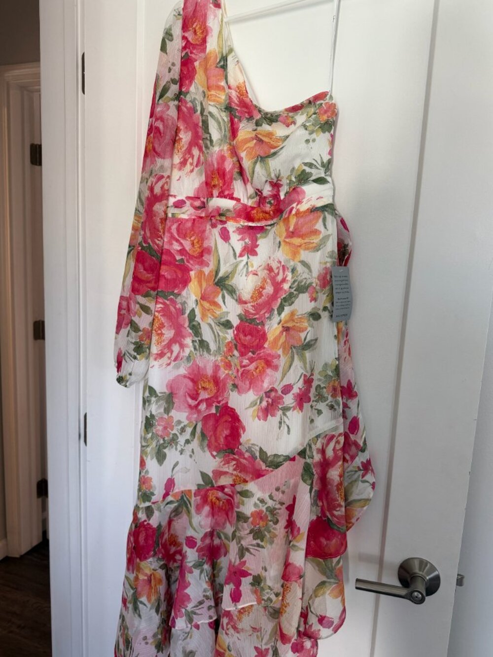 Lulu's Graceful Essence Long Sleeve Asymmetric Hem Dress, LARGE, WHITE FLORAL - Picture 5 of 9